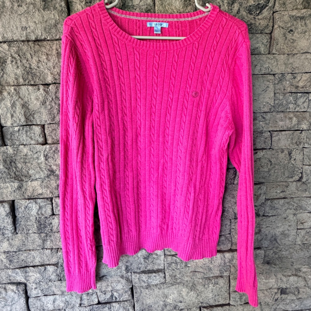 Y2K IZOD Cable Knit Sweater Women Large Pink Long Sleeve Cotton Preppy School